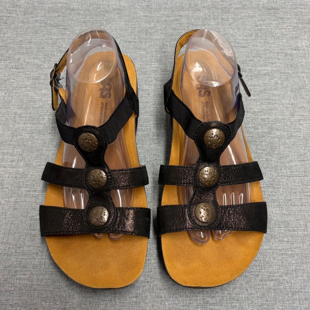 SAS Sanibel Sandal Womens 10.5 W Black Metallic T-Strap Medallion Comfort